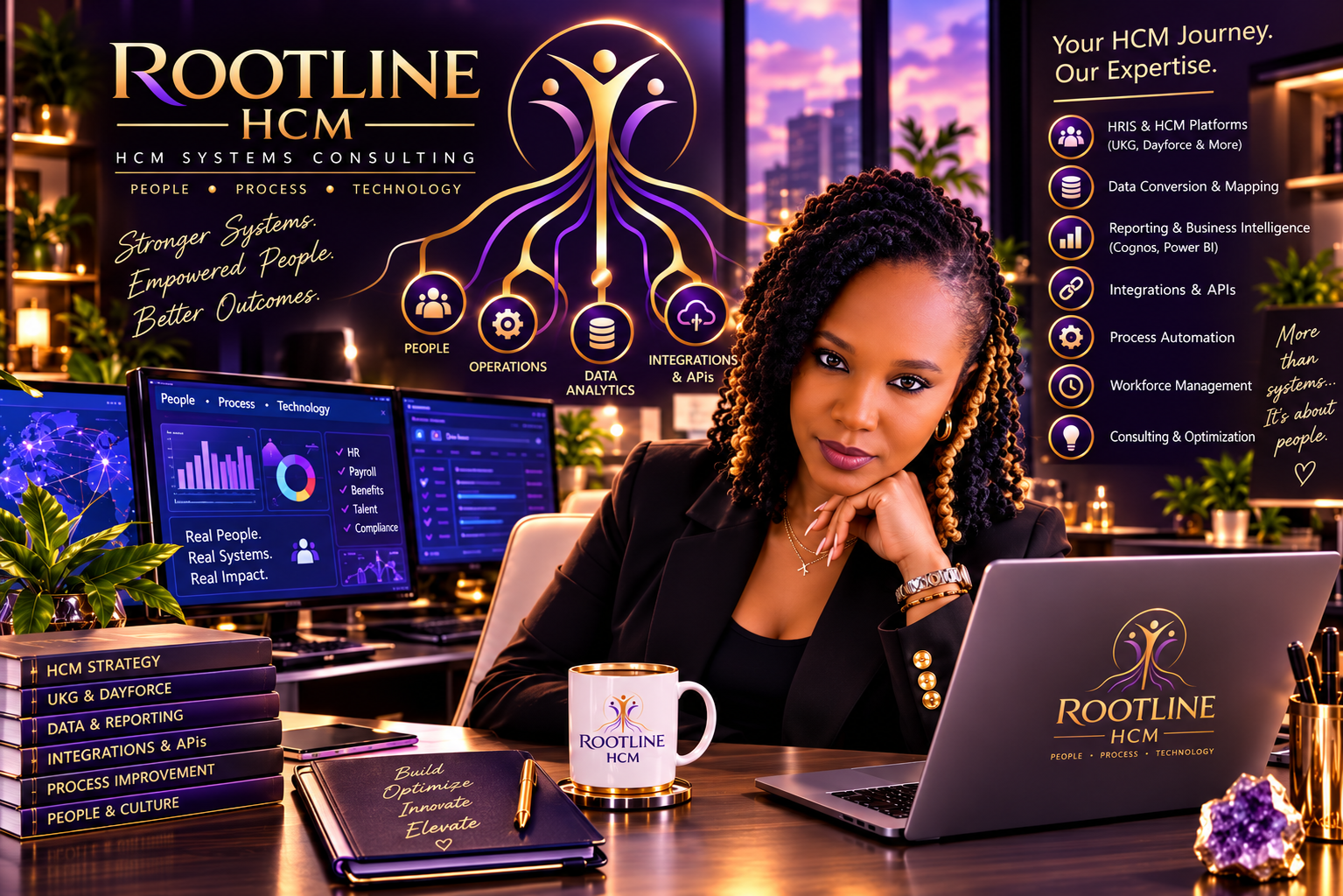 Rootline HCM brand illustration connecting people, operations, analytics, and integrations
